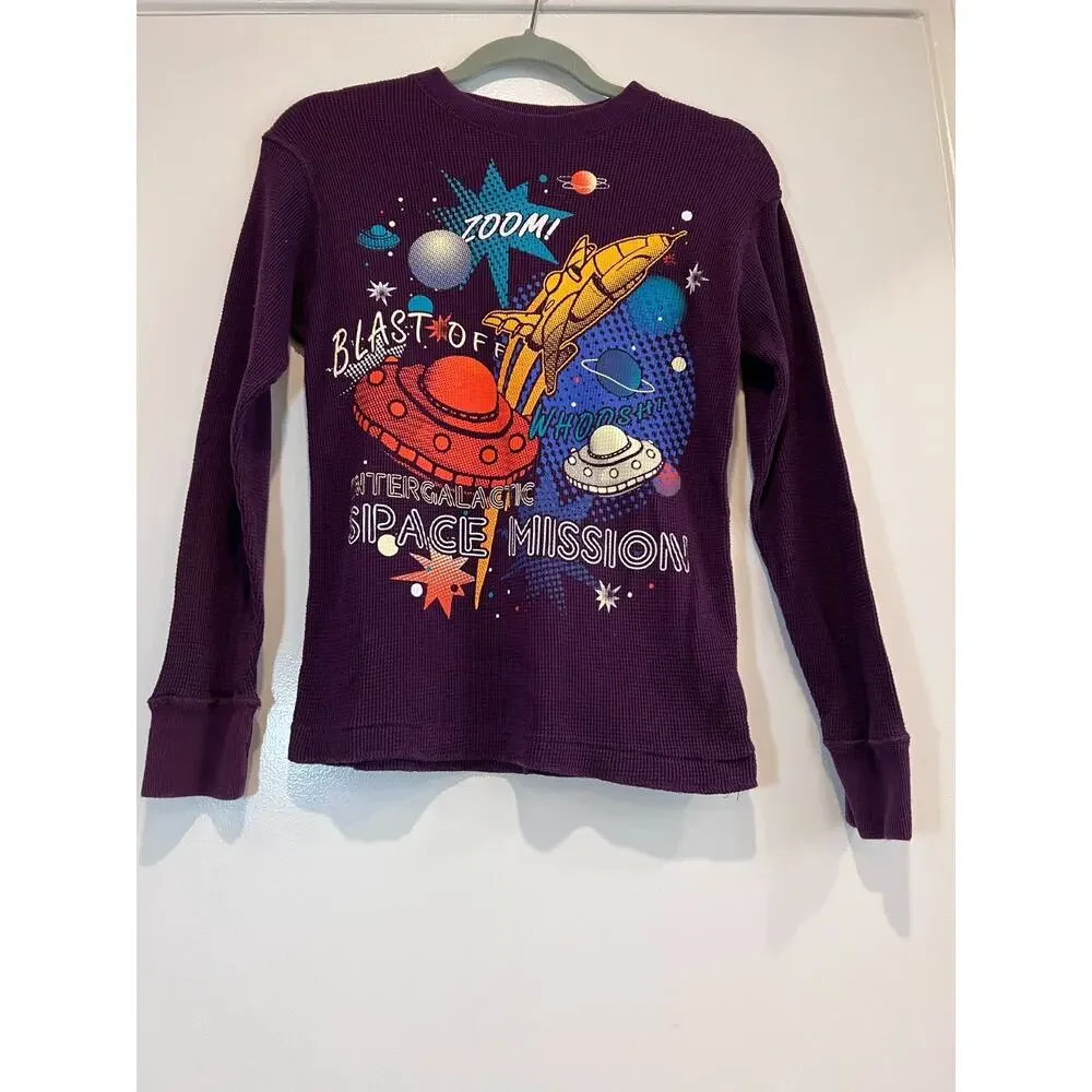 The Children's Place Boys Large 10/12 Purple Thermal Waffle Knit Shirt Space UFO